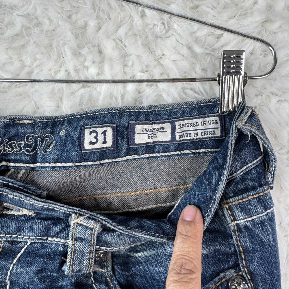 Miss Me Jeans Size 31 Blue Bootcut Distressed Rhinestone Cowhide Pocket Y2K FLAW - Picture 3 of 12